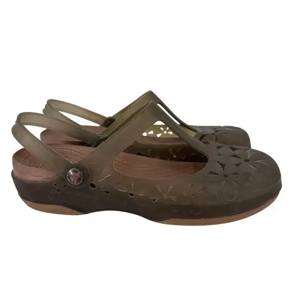 CROCS Shoes Crocs Mary Jane Flat Size Brown Cutout Floral T